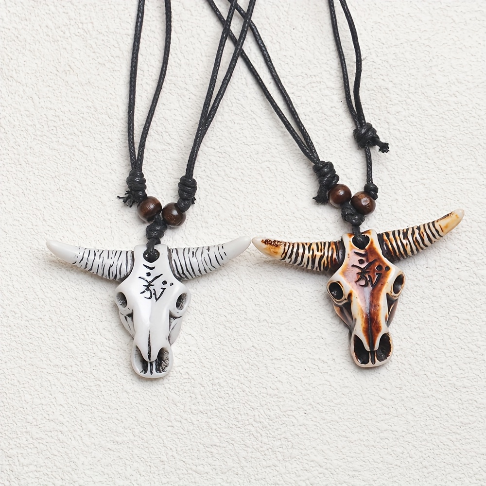 Hip Hop Rope Braided Resin Skull Bull Pendant Necklace Set